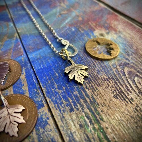 May tree hawthorn leaf jewellery made from recycled, repurposed, upcycled coins and silver