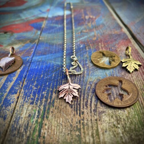 May tree hawthorn leaf jewellery made from recycled, repurposed, upcycled coins and silver