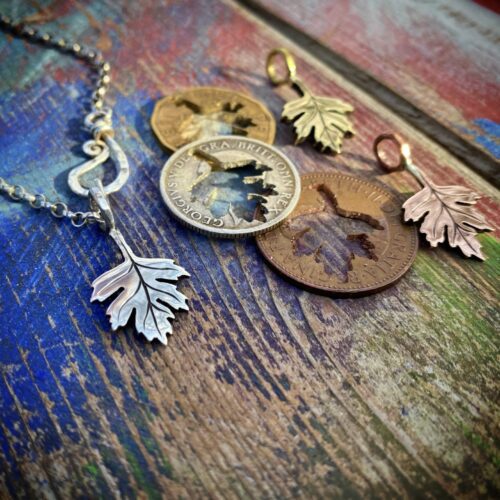 May tree hawthorn leaf jewellery made from recycled, repurposed, upcycled coins and silver