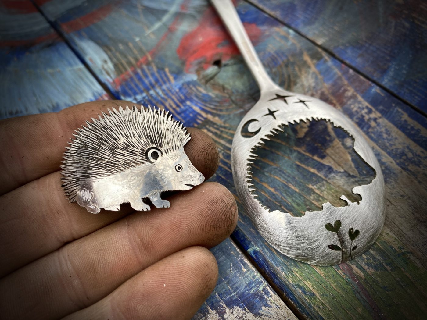 handmade hedgehog brooch made from old spoon. Made in England with love and passion for treasure
