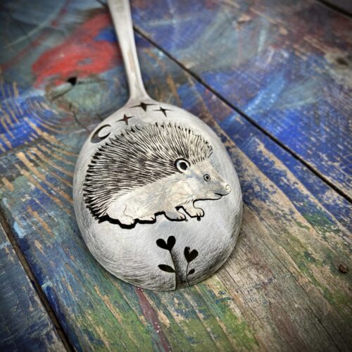 handmade hedgehog brooch made from old spoon. Made in England with love and passion for treasure