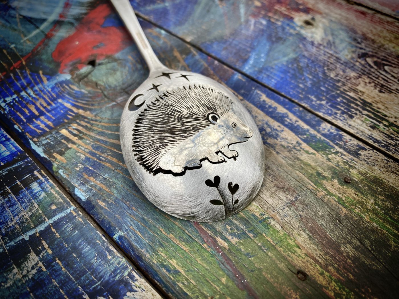 handmade hedgehog brooch made from old spoon. Made in England with love and passion for treasure