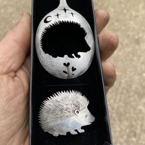 handmade hedgehog brooch made from old spoon. Made in England with love and passion for treasure