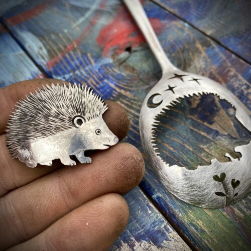 handmade hedgehog brooch made from old spoon. Made in England with love and passion for treasure