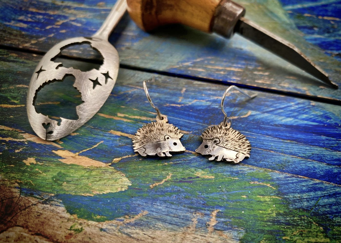 lovely hedgehog earrings made from an old spoon and recycled using traditional hand tools and techniques in Cambridge