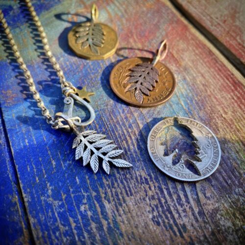 Rowan tree leaves necklace ethical jewellery made from recycled silver coins.
