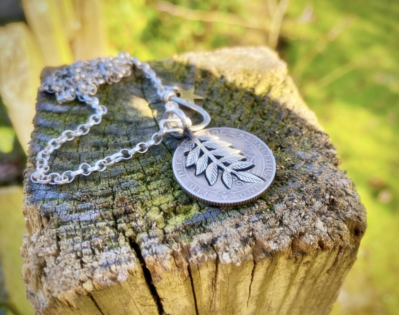 Rowan tree leaves necklace ethical jewellery made from recycled silver coins.