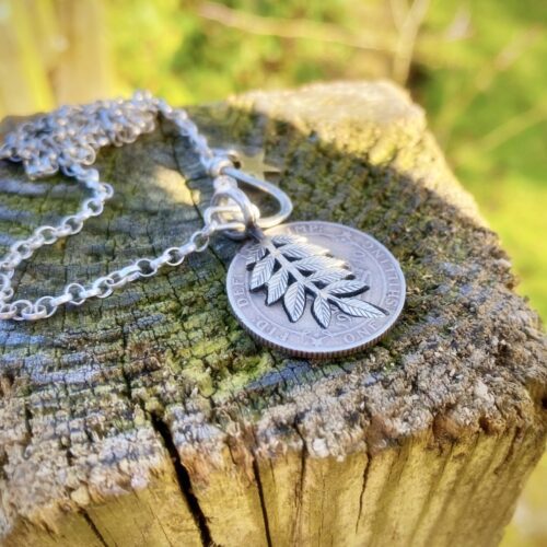 Rowan tree leaves necklace ethical jewellery made from recycled silver coins.
