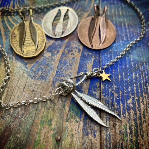 weeping willow leaf jewellery made from recycled, repurposed, upcycled coins and silver