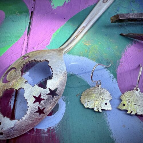 lovely hedgehog earrings made from an old spoon and recycled using traditional hand tools and techniques in Cambridge