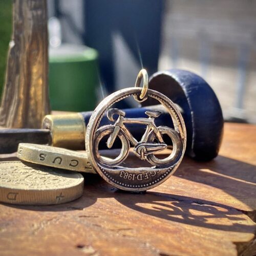 1983 40th birthday one pound coin bicycle fixedgear cycle pendant necklace handmade and recycled in Cambridge.