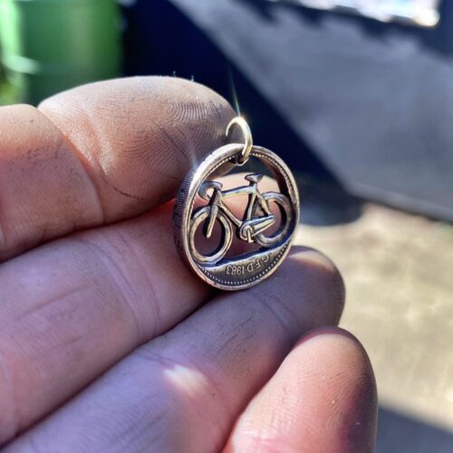 1983 40th birthday one pound coin bicycle fixedgear cycle pendant necklace handmade and recycled in Cambridge.