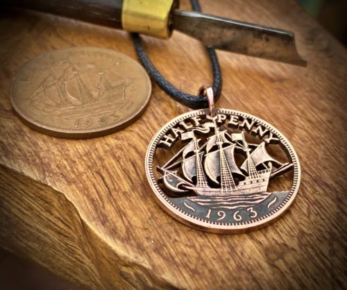 60th birthday ship halfpenny Handcrafted and repurposed Golden Hind ship coin pendant necklace