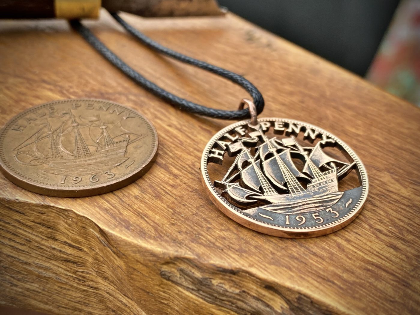 70th birthday ship halfpenny Handcrafted and repurposed Golden Hind ship coin pendant necklace