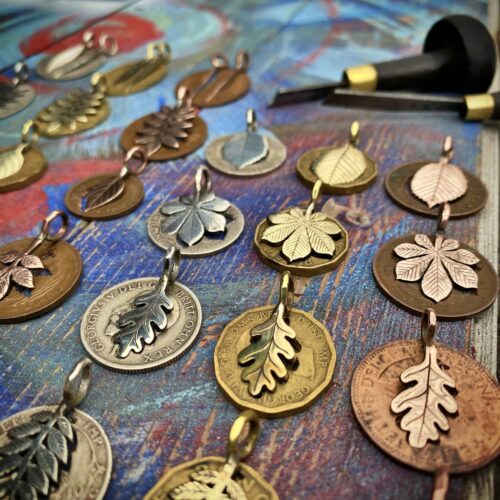 Chestnut tree leaves necklace ethical jewellery made from recycled silver coins.