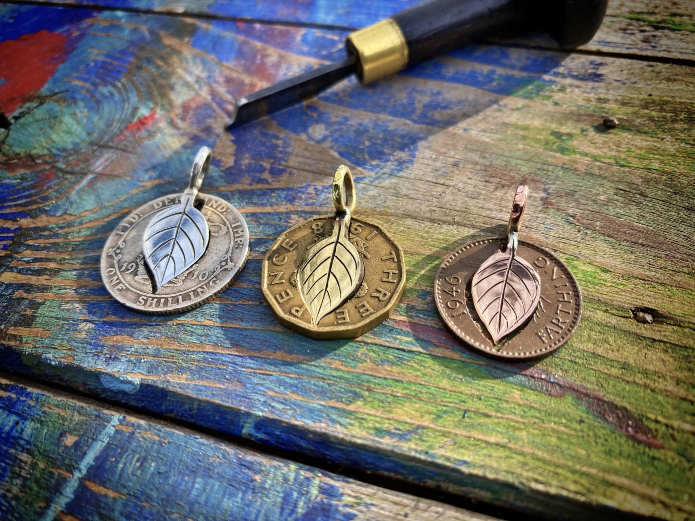 Apple tree leaves necklace ethical jewellery made from recycled silver coins.