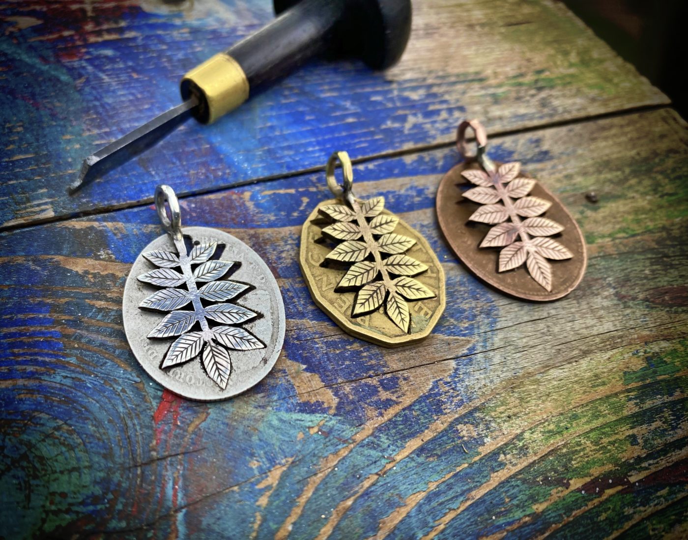 Ash tree leaves necklace ethical jewellery made from recycled silver coins.