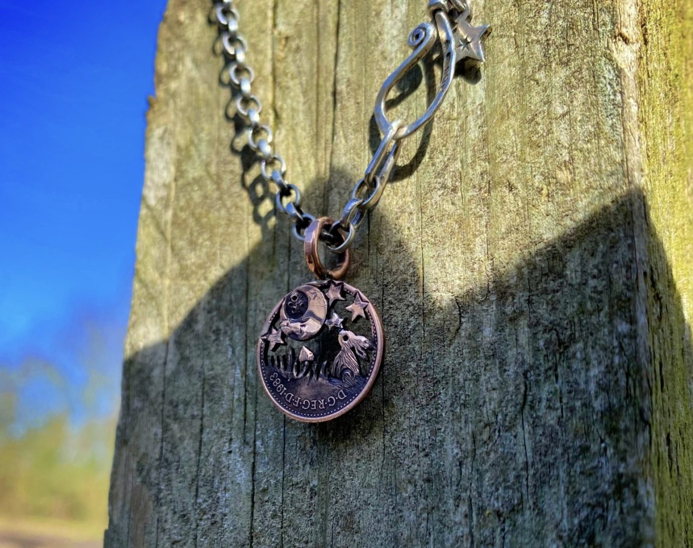 handmade and upcycled summer solstice Strawberry Moon gazing hare solstice coin necklace pendant