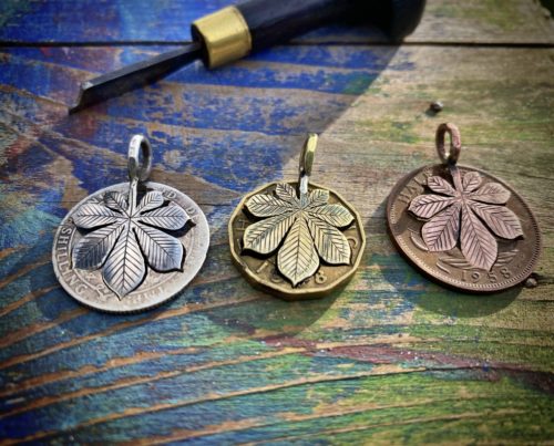 Chestnut tree leaves necklace ethical jewellery made from recycled silver coins.