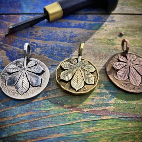 Chestnut tree leaves necklace ethical jewellery made from recycled silver coins.