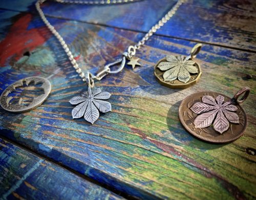 Chestnut tree leaves necklace ethical jewellery made from recycled silver coins.