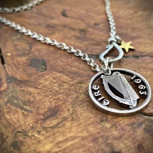 1963 Irish harp Handmade and recycled Irish harp coin pendant necklace