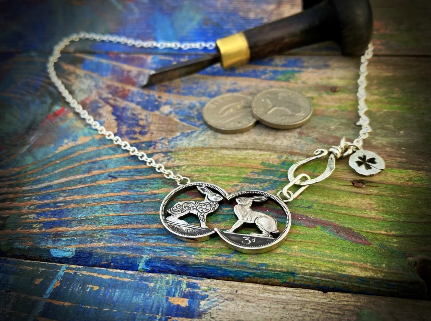 hare-y-gr-owl-er Irish threepence coin double hare necklace coin fusion