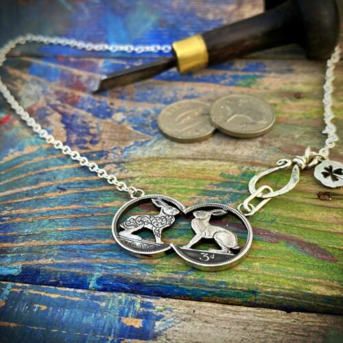 hare-y-gr-owl-er Irish threepence coin double hare necklace coin fusion