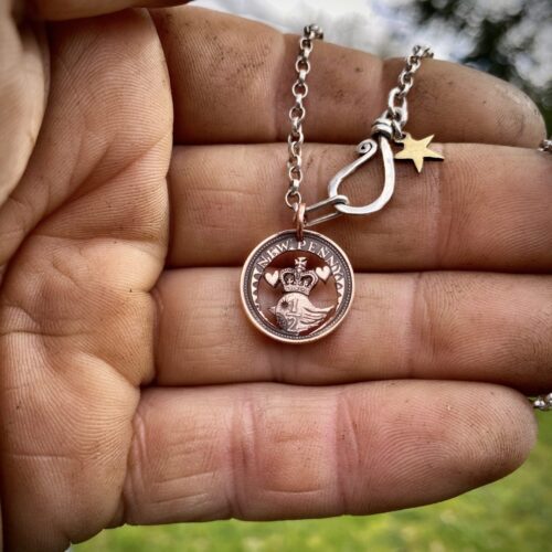 50th birthday present ethical handmade handcrafted jewellery necklace made from old 1973 coin little bird pendant
