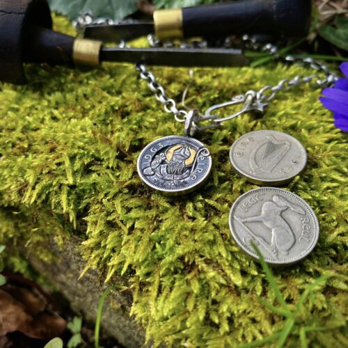saint Patrick hand carved into lovely Irish threepence coin