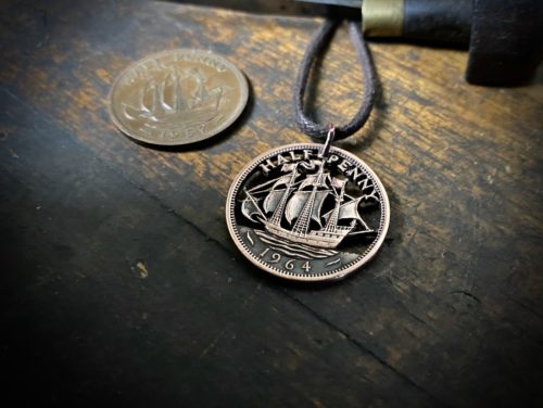 60th birthday ship halfpenny Handcrafted and repurposed Golden Hind ship coin pendant necklace