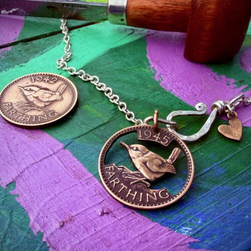 80th Birthday Jenny Wren Farthing coin gift. Hand cut and carved original 80 year old coin minted on the year you