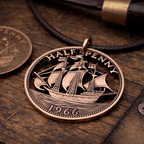 60th birthday ship halfpenny Handcrafted and repurposed Golden Hind ship coin pendant necklace