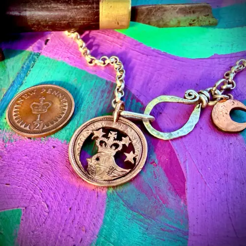 50th birthday present ethical handmade handcrafted jewellery necklace made from old 1973 coin little bird pendant