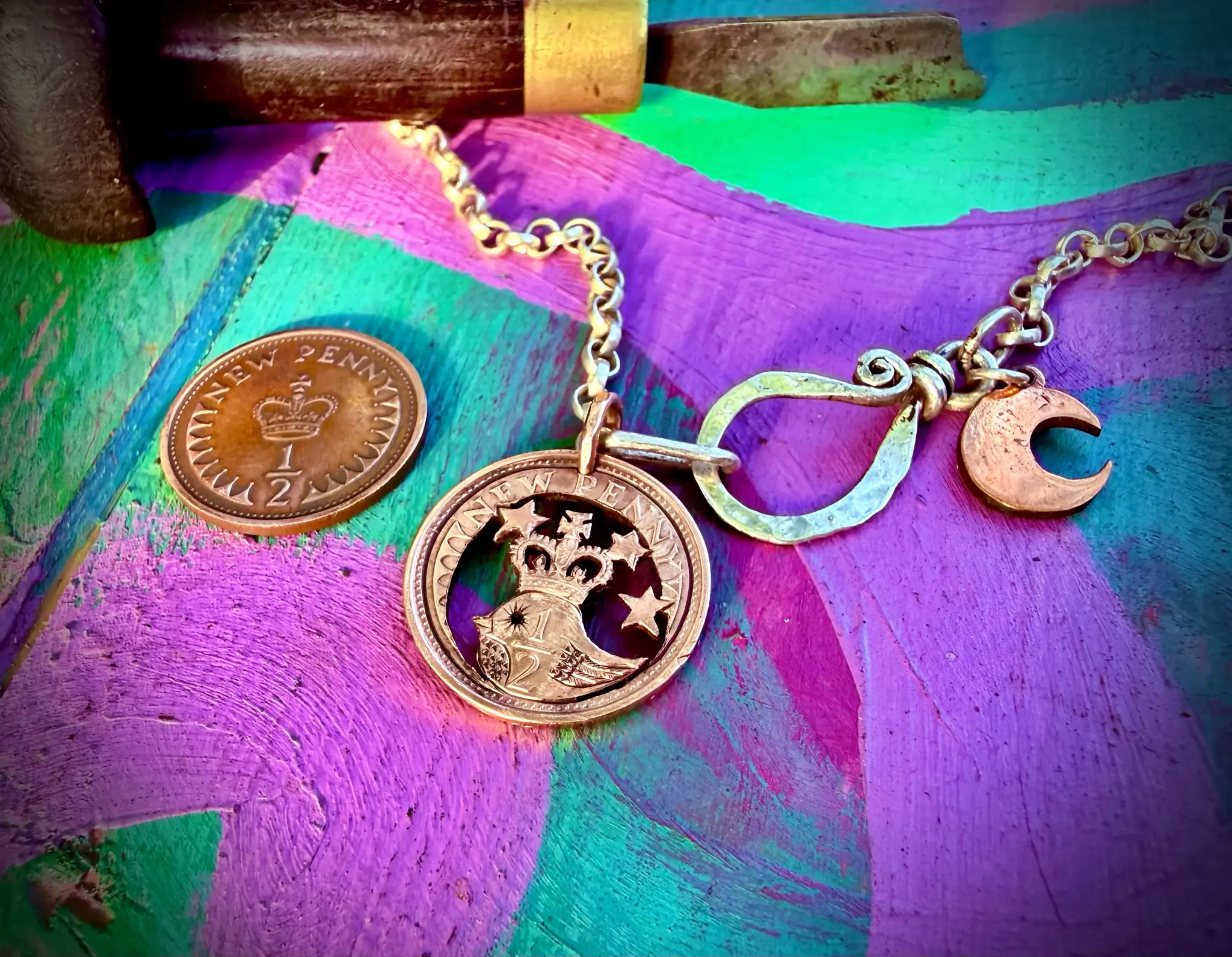 50th birthday present ethical handmade handcrafted jewellery necklace made from old 1973 coin little bird pendant