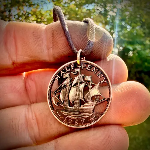 60th birthday ship halfpenny Handcrafted and repurposed Golden Hind ship coin pendant necklace