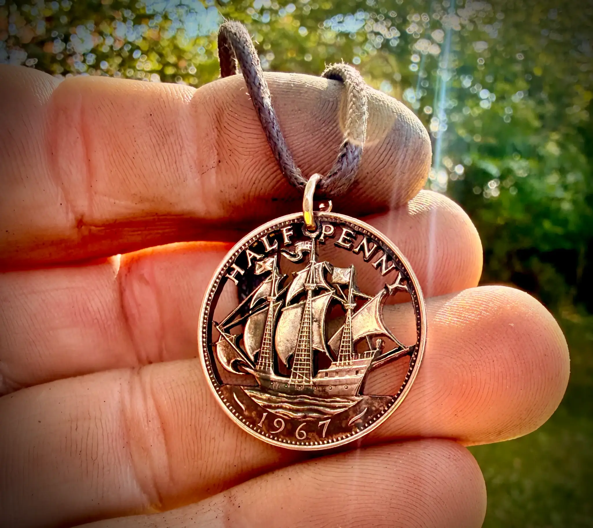60th birthday ship halfpenny Handcrafted and repurposed Golden Hind ship coin pendant necklace
