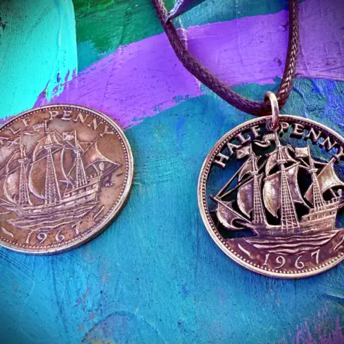 60th birthday ship halfpenny Handcrafted and repurposed Golden Hind ship coin pendant necklace