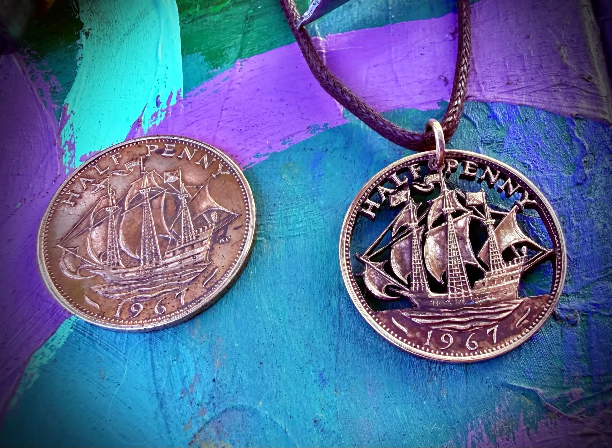 60th birthday ship halfpenny Handcrafted and repurposed Golden Hind ship coin pendant necklace