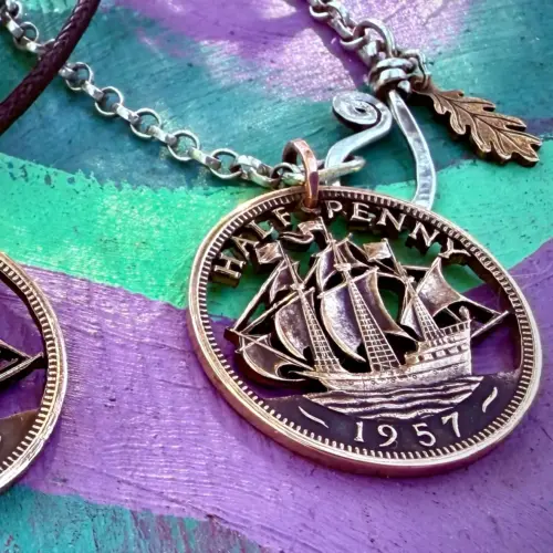 70th birthday ship halfpenny Handcrafted and repurposed Golden Hind ship coin pendant necklace