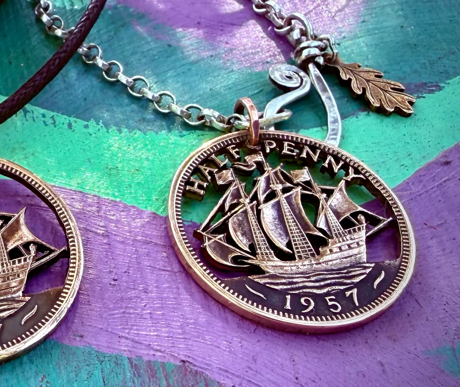 70th birthday ship halfpenny Handcrafted and repurposed Golden Hind ship coin pendant necklace