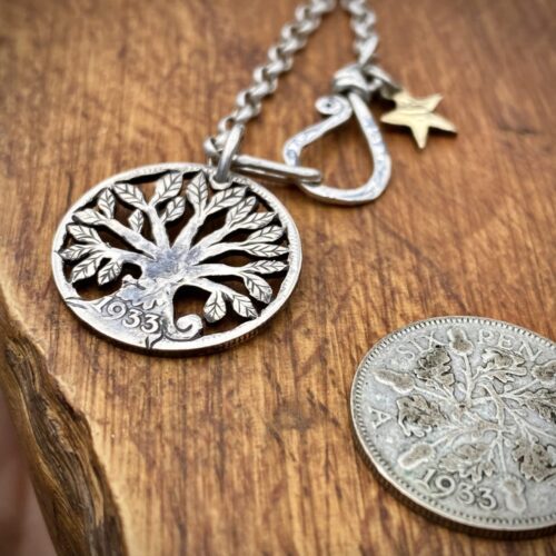 90th birthday sixpence coin tree of life birthday gift handmade and crafted by Hairy Growler in Cambridge. Unique and original special 90th birthday present