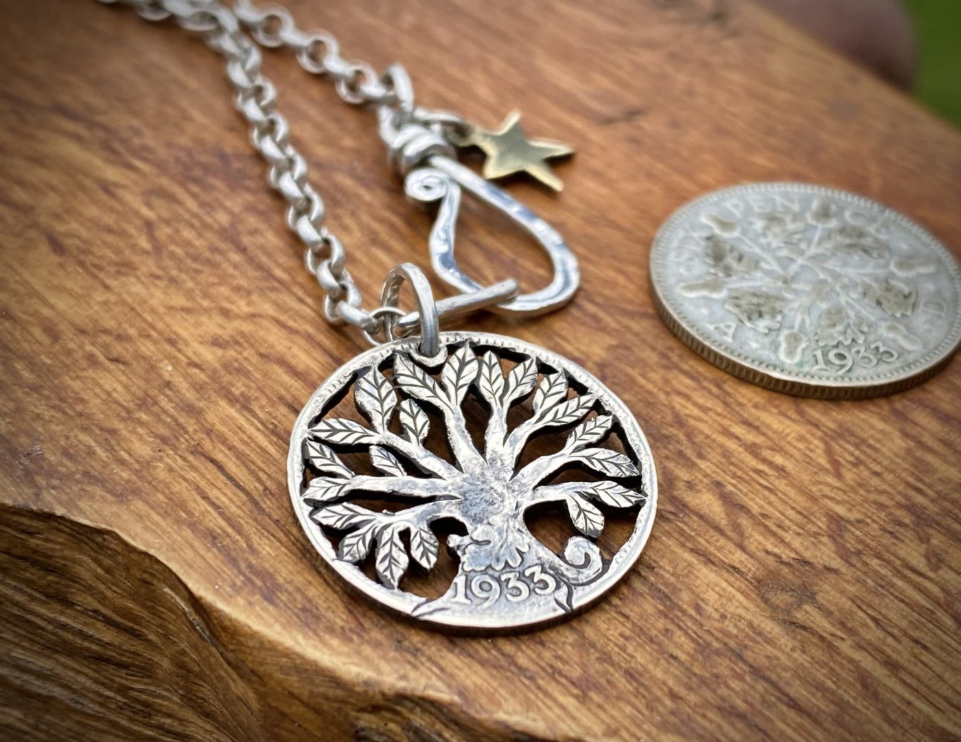 90th birthday sixpence coin tree of life birthday gift handmade and crafted by Hairy Growler in Cambridge. Unique and original special 90th birthday present