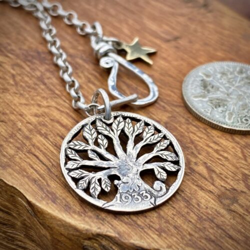 90th birthday sixpence coin tree of life birthday gift handmade and crafted by Hairy Growler in Cambridge. Unique and original special 90th birthday present