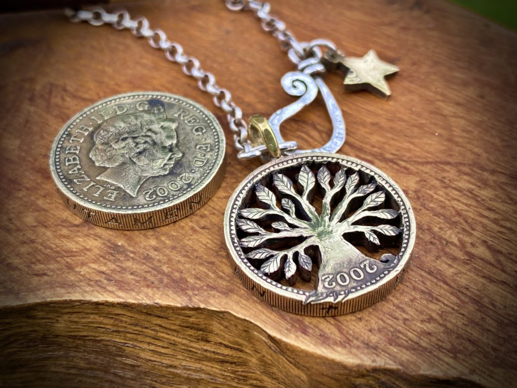 21st birthday gift idea handmade and ethically recycled tree of life necklace pendant made in England from a upcycled pound coin 2002