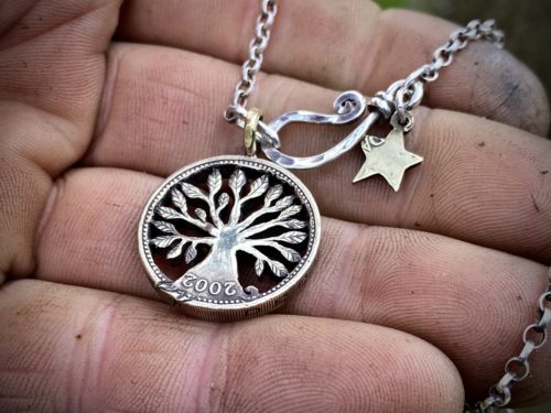 21st birthday gift idea handmade and ethically recycled tree of life necklace pendant made in England from a upcycled pound coin 2002