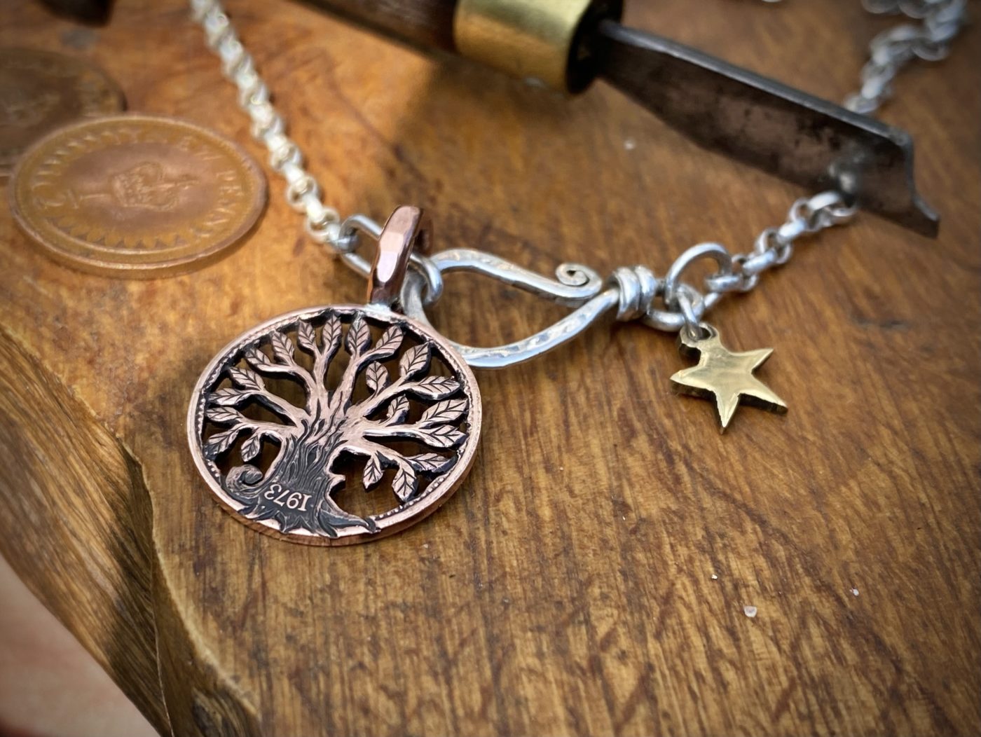 handmade and upcycled Strawberry Moon tree of life coin necklace pendant made from a British half penny perfect 40th or 50th special birthday gift idea