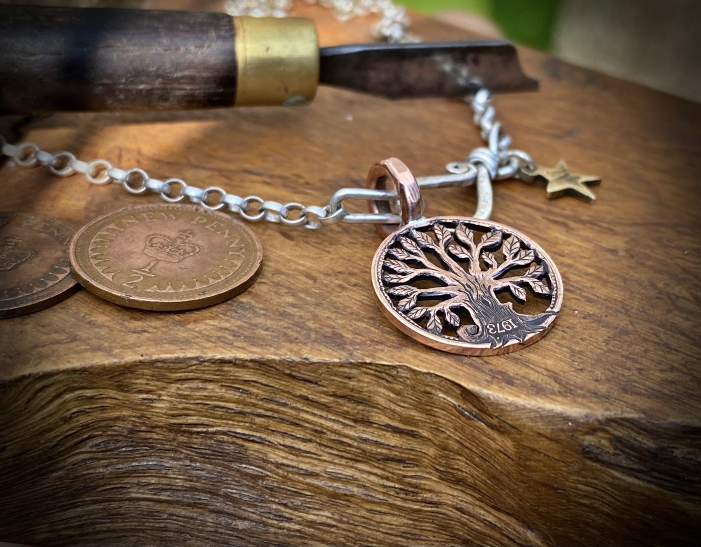 handmade and upcycled Strawberry Moon tree of life coin necklace pendant made from a British half penny perfect 40th or 50th special birthday gift idea