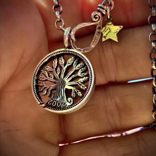 18th birthday gift idea handmade and ethically recycled tree of life necklace pendant made in England from a upcycled pound coin 2007