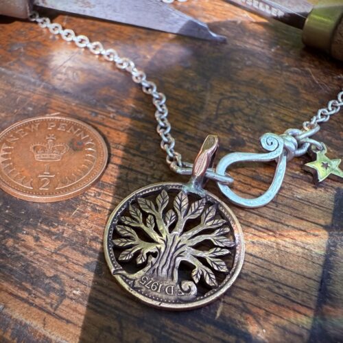 handmade and upcycled Strawberry Moon tree of life coin necklace pendant made from a British half penny perfect 40th or 50th special birthday gift idea